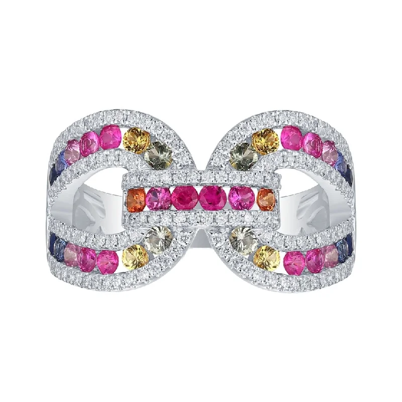 Rings with pave-set gemstones for brilliance -Multi-Color Sapphire Ring (Multi-Color Sapphire 1.25 cts. White Diamond 0.39 cts.)