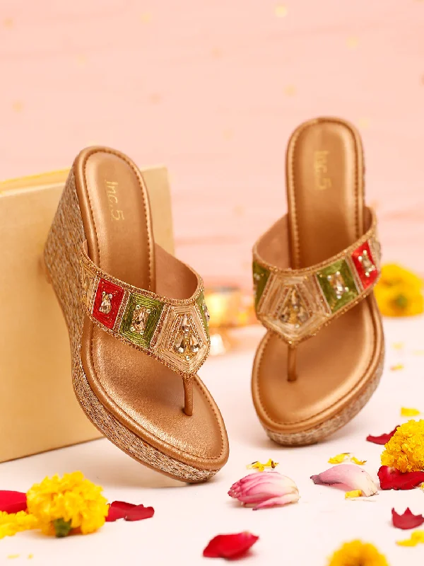 Trendy sandals for women with buckle closure and vibrant color options-Women Antique Embellished Ethnic Wedge Heels