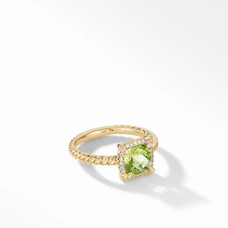 Rings with polished tourmaline for vibrant shine -Petite Châtelaine® Pavé Bezel Ring in 18K Yellow Gold with Peridot, Size 6