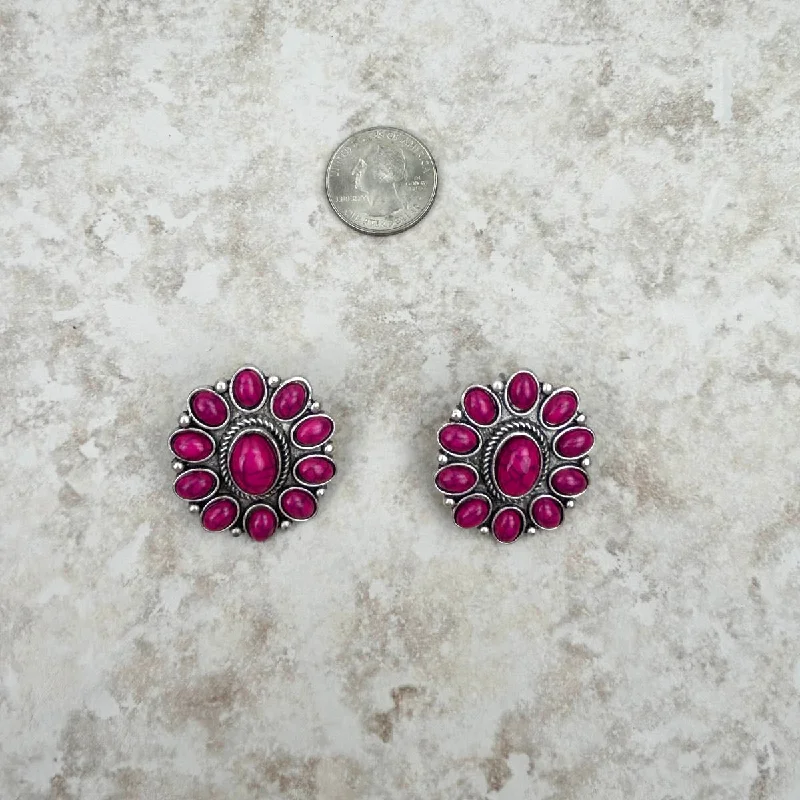 Rings with tourmaline gems for bold hues -ER221115-03 Silver And Natural Stone Floral Concho Post Earring