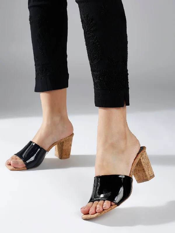 Fashionable sandals for women with metallic straps and bold color combinations-Women Black Cork Finish Open Toe Block Heels