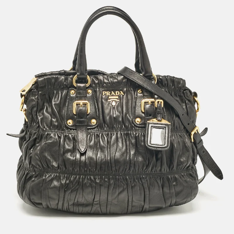 Handle bags with wide openings for access -Prada Black Leather Gaufre Tote