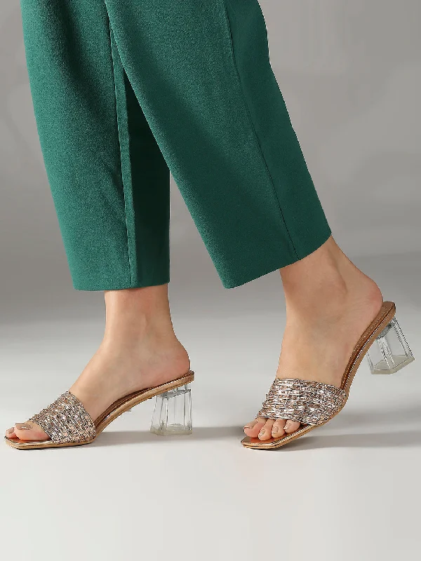 Beach sandals for women with slip-on design and vibrant color options-Women Rose Gold Textured Embellished Open Toe Slim Heels