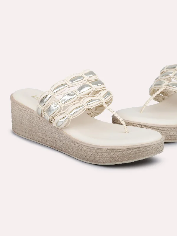 Comfortable sandals for men with slip-on style and supportive footbed for all-day wear-Women Beige Textured Wedge Heels