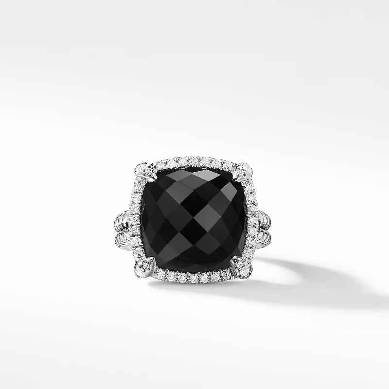 Rings with agate slices for earthy style -Châtelaine® Pavé Bezel Ring with Black Onyx and Diamonds, 14mm, Size 7