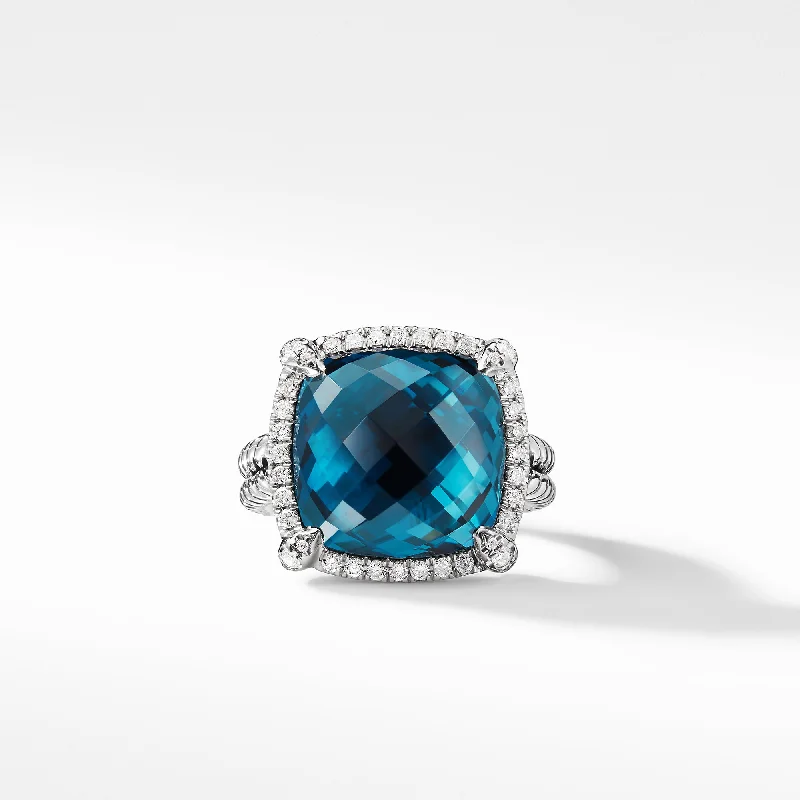 Rings with aventurine gems for green luck -Châtelaine® Pavé Bezel Ring with Hampton Blue Topaz and Diamonds, 14mm, Size 7