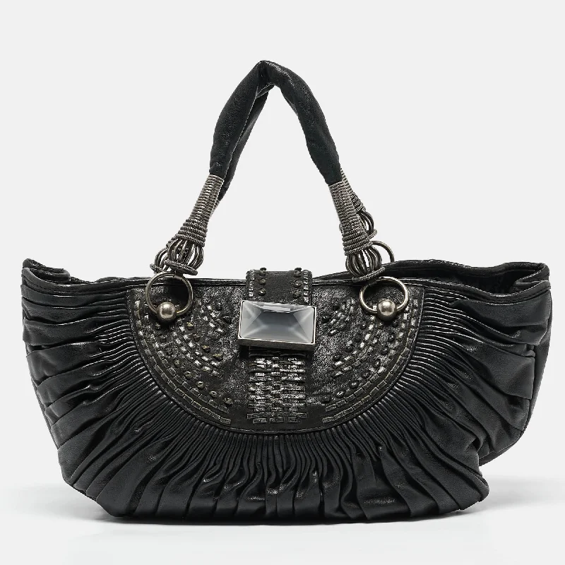 Handle bags with playful pom-poms for charm -Dior Black Leather Plisse Tote