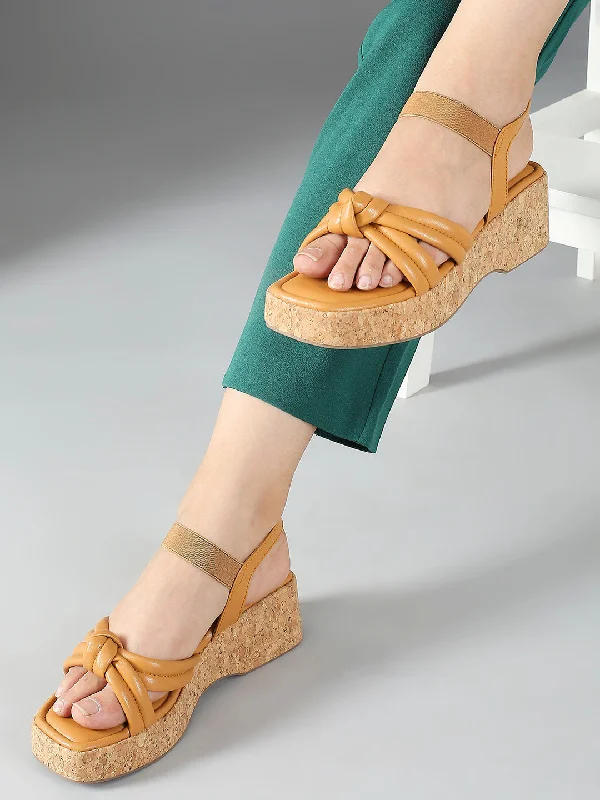 Comfortable sandals for women with extra padding and wide fit options-Women Mustard Knot Detail Open Toe Platform Heels With Backstrap