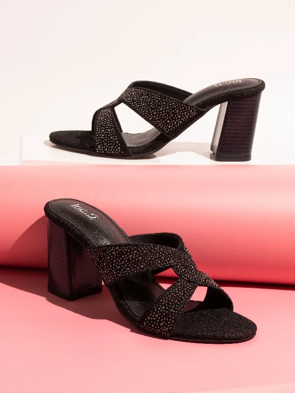 Casual sandals for women with thong design and padded footbed for everyday comfort-Women Black And Silver-Toned Embellished Block Heels