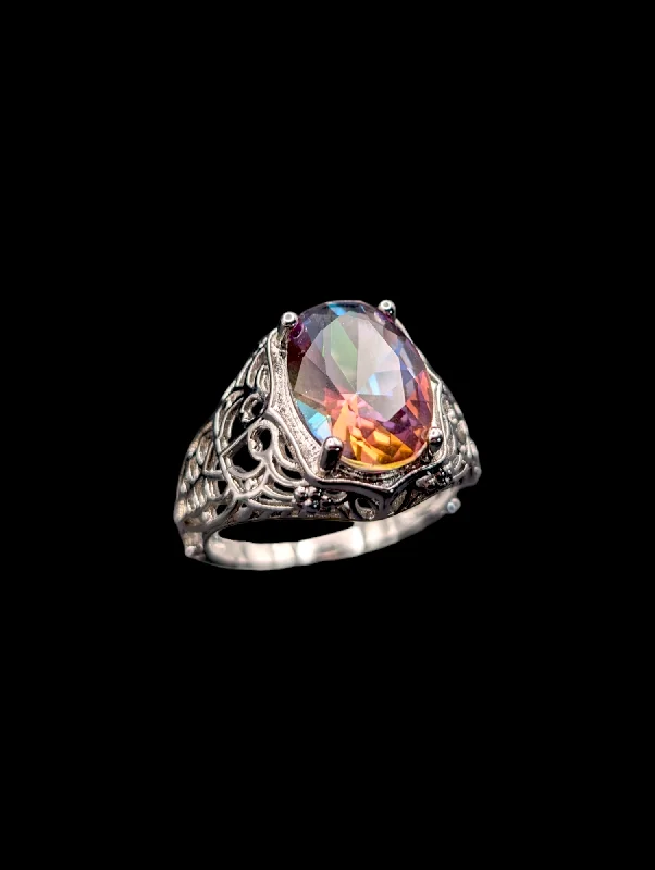 Rings with rough opal for organic shine -Vintage Simulated Mystic Topaz Silver Costume Ring