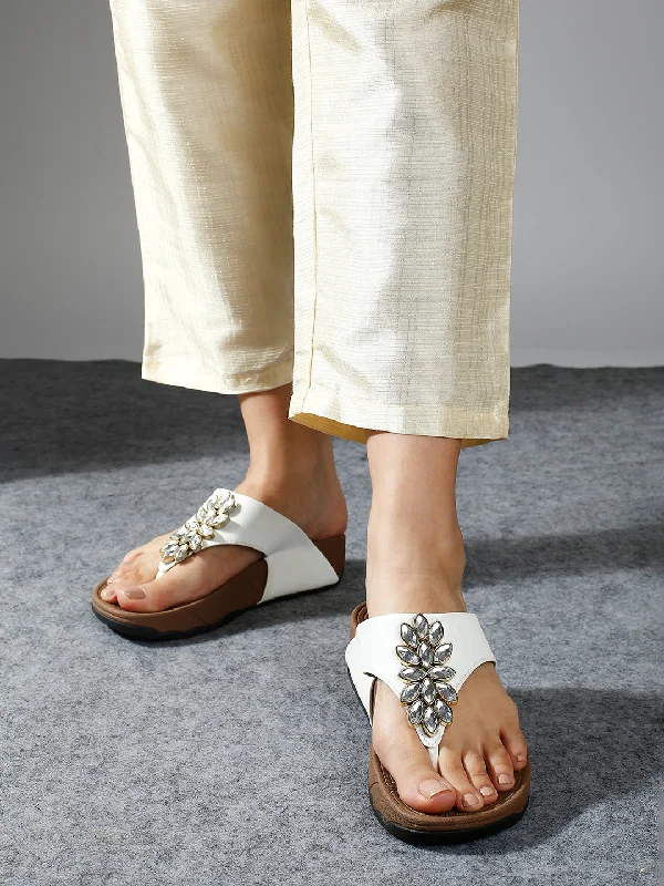 Comfortable sandals for women with extra padding and wide fit options-Women White Embellished Open Toe Comfort Heels