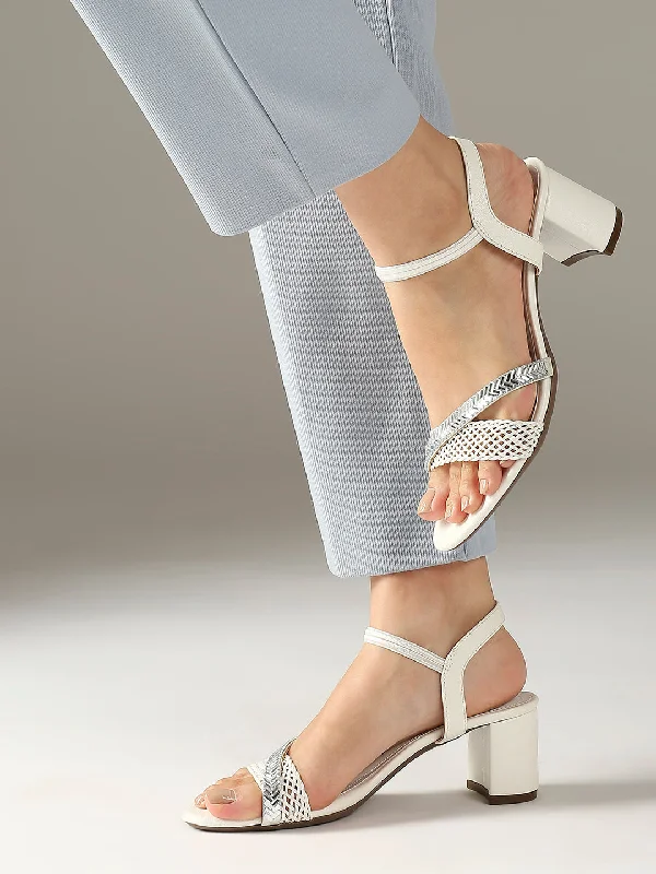 Stylish sandals for men with leather straps and simple yet sophisticated design-Women White And Silver-Toned Embellished Party Block Heels