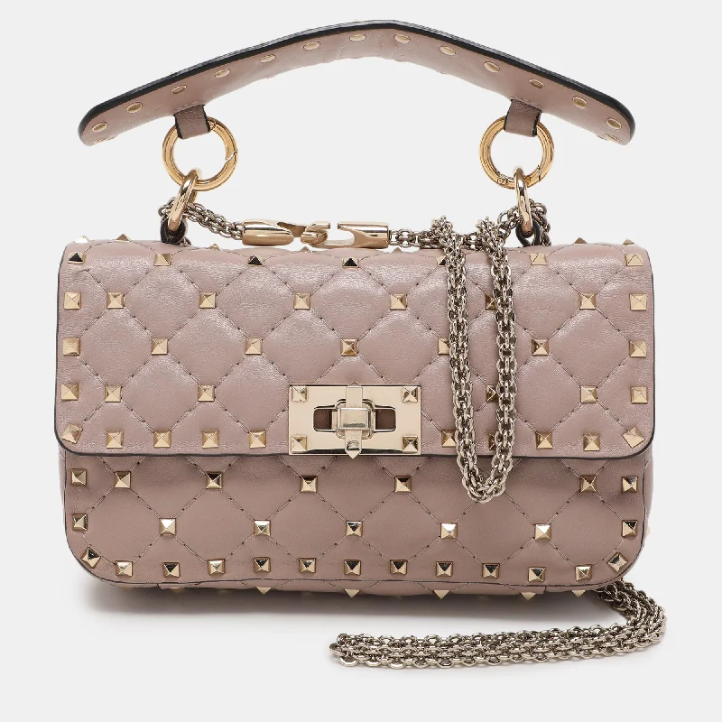 Quilted handle bags with stylish textured finish -Valentino Beige Leather Small Rockstud Spike Top Handle Bag