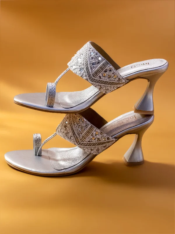 Trendy sandals for men with breathable fabric and adjustable straps for summer wear-Women Silver Ethnic Embellished One-Toe Block Heels