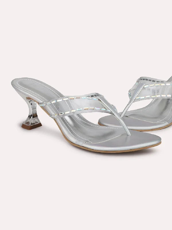 Elegant sandals for women with metallic straps and open-toe design for parties-Women Silver Embellished Party Kitten Heels