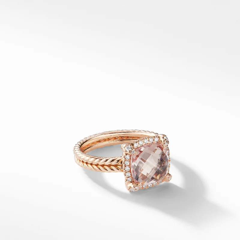 Rings with peacock ore for iridescent glow -Châtelaine® Pavé Bezel Ring in 18K Rose Gold with Morganite, Size 7