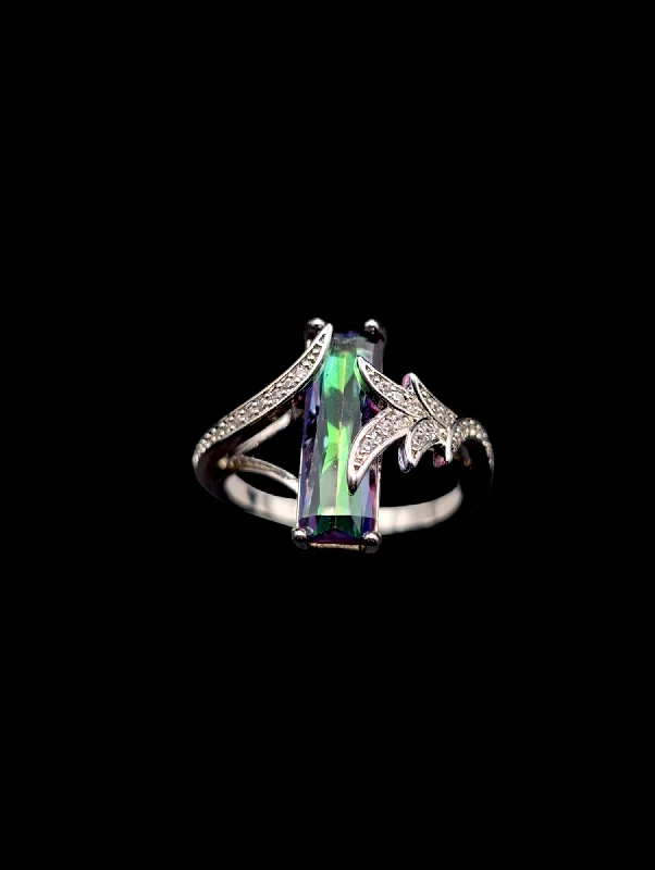 Rings with crescent moon for lunar charm -Vintage Simulated Mystic Topaz Baguette Cut and Simulated Diamonds Silver Costume Ring