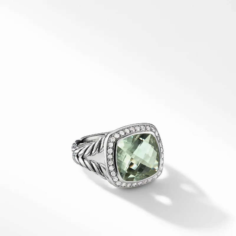 Rings with faceted aquamarine for sea glow -Ring with Prasiolite and Diamonds, Size 7