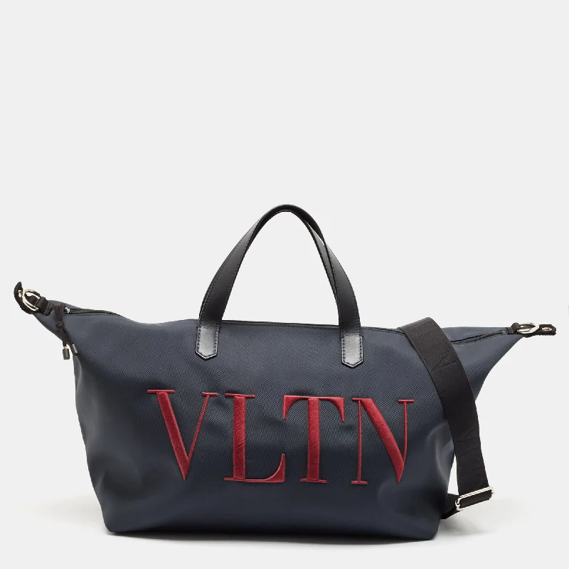 Handle bags with expandable sides for flexibility -Valentino Dark Blue Leather And Nylon Vltn Travel Tote