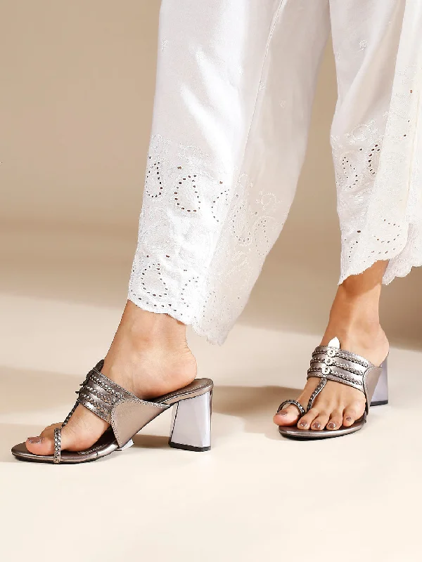 Trendy sandals for women with wedge heels and strappy design for casual chic-Women Pewter Embellished One-Toe Block Heels