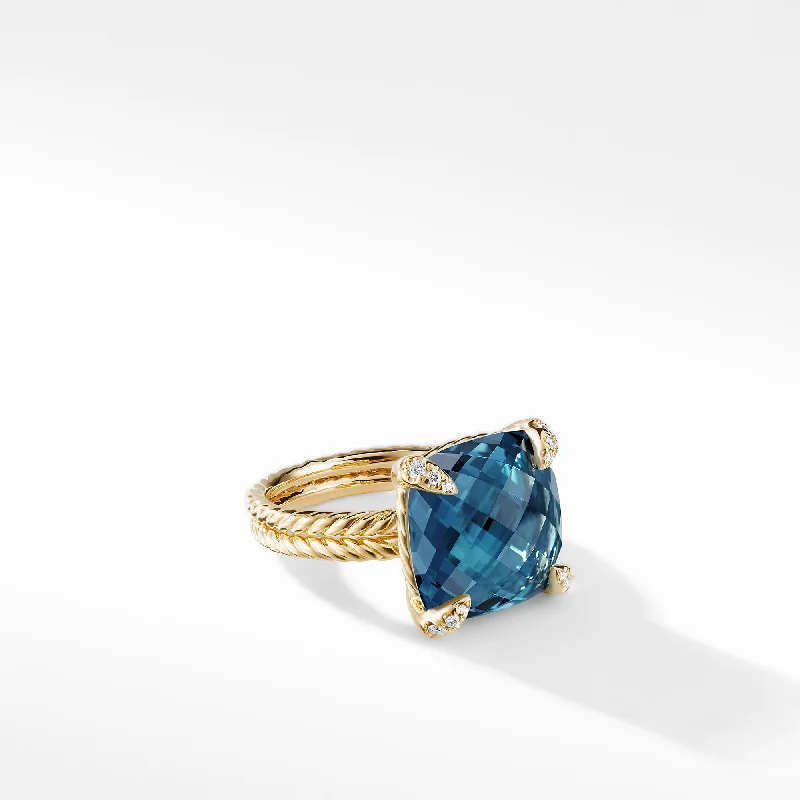 Rings with pink sapphire for delicate charm -Châtelaine Ring with Hampton Blue Topaz and Diamonds in 18K Gold, Size 6