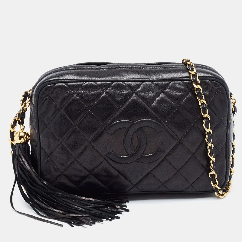 Leather handle bags for elegant daily carry -Chanel Black Quilted Leather Tassel Camera Bag