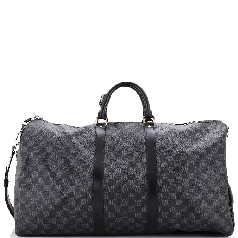 Handle bags with geometric patterns for modernity -Keepall Bandouliere Bag Damier Graphite 55