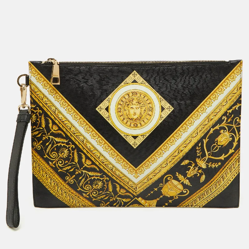 Handle bags with double handles for strength -Versace Black Leather Baroque Medusa Print Wristlet Pouch