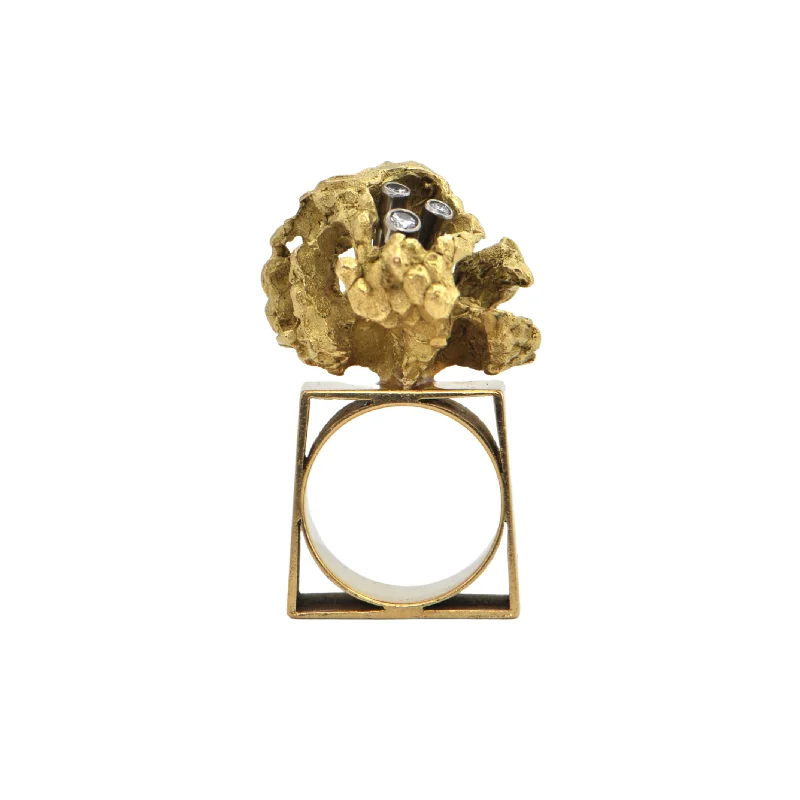 Rings with engraved constellations for stargazers -Mid-Century Brutalist Style Diamond 18k Gold Ring-Attributed to Walter Schluep