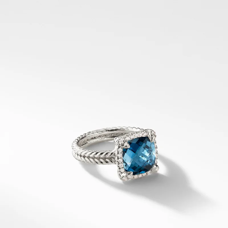 Rings with vine-wrapped bands for nature -Châtelaine® Pavé Bezel Ring with Hampton Blue Topaz and Diamonds, 9mm, Size 7