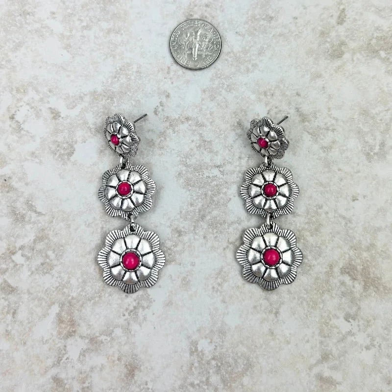 Dainty rings with subtle engraved star motifs -ER221115-05 3 Silver Natural Stone Center Flower Concho Dangle Earring