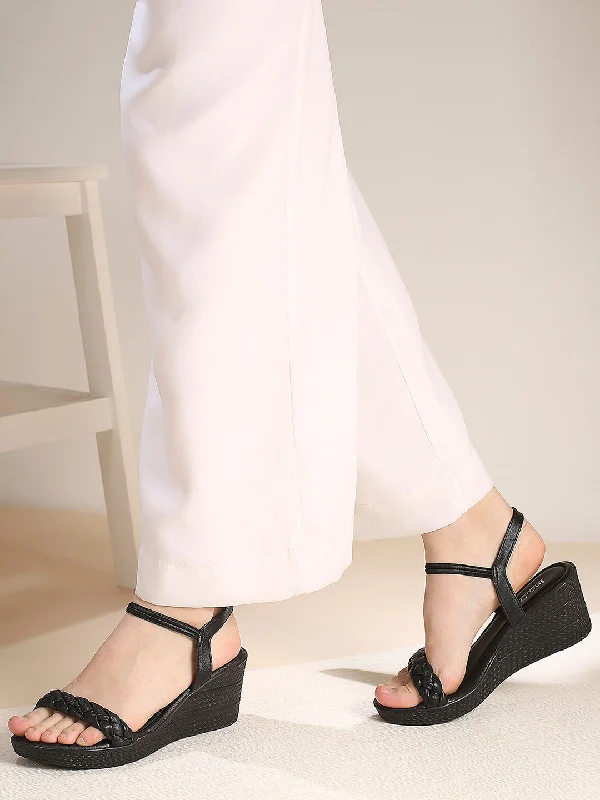 Comfortable sandals for women with cross-over straps and padded footbed for support-Women Black Textured Open Toe Wedge Heels