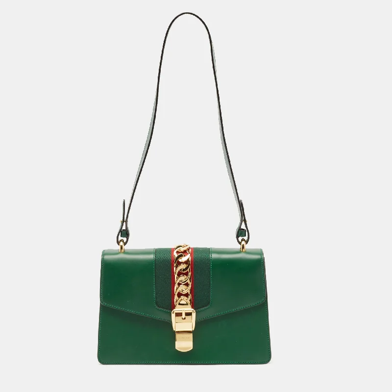 Handle bags with padded interiors for laptops -Gucci Green Leather Small Web Chain Sylvie Shoulder Bag