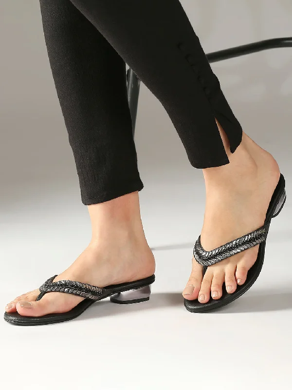 Comfortable sandals for men with wide straps and secure fit for daily use-Women Black Embellished Block Heels