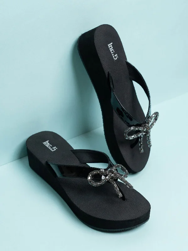 Casual sandals for women with cork footbed and supportive straps for comfort-Women Black Embellished Open Toe Comfort Heels