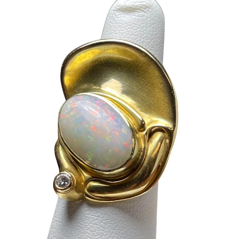 Rings with rainbow moonstone for color play -Modernist 'Demaret' White Fire Opal and Diamond 18K Yellow Gold Ring