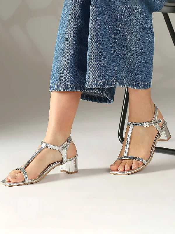 Stylish sandals for women with metallic leather straps and cushioned footbed-Women Silver H-Strap Textured Open Toe Block Heels With Buckle Closure