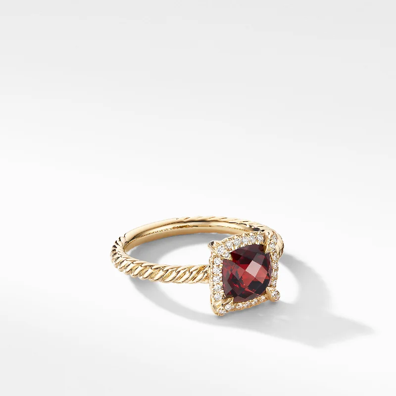 Rings with raw citrine for sunny charm -Petite Châtelaine® Pavé Bezel Ring in 18K Yellow Gold with Garnet, Size 6