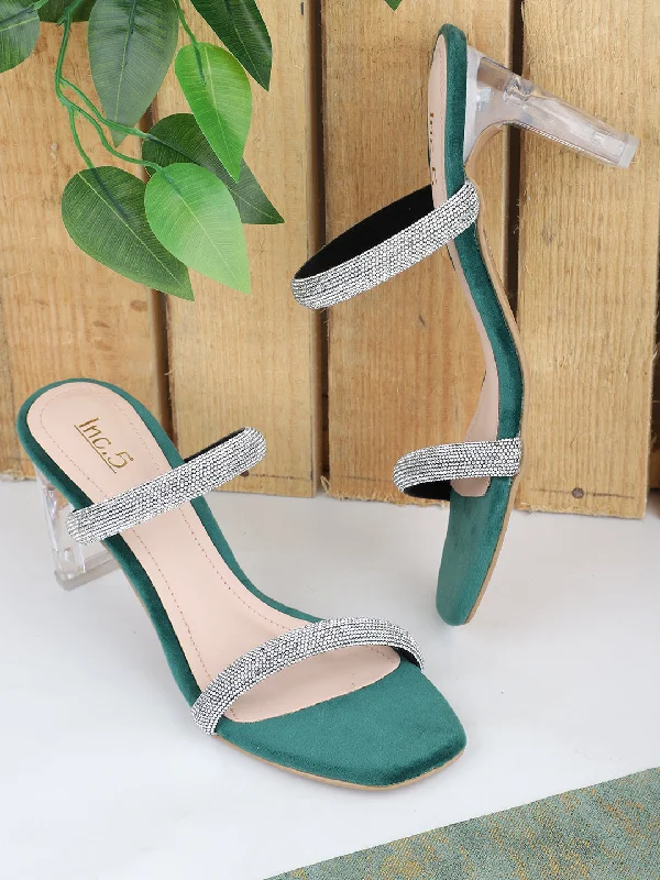 Fashionable sandals for women with ankle straps and chic metallic finishes-Women Green And Silver-Toned Embellished Two Strap Party Block Heels