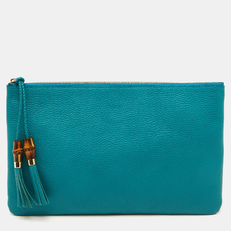 Handle bags with denim fabric for casual -Gucci Teal Blue Leather Bamboo Braided Tassel Zip Clutch