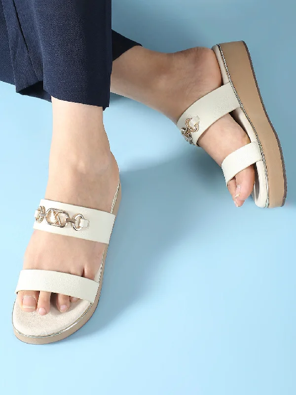 Comfortable sandals for women with adjustable Velcro straps for a perfect fit-Women Cream And Gold-Toned Buckles Detail Wedge Heels