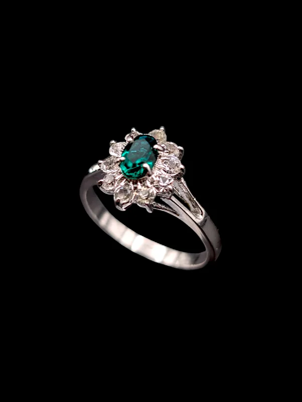 Rings with shield-shaped stones for boldness -Vintage Simulated Emerald and Diamond Halo Silver Costume Ring