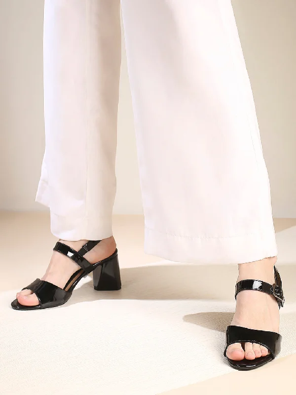 Stylish sandals for women with unique buckle details and flat design-Women Black Party Open Toe Block Heels With Buckle Closure