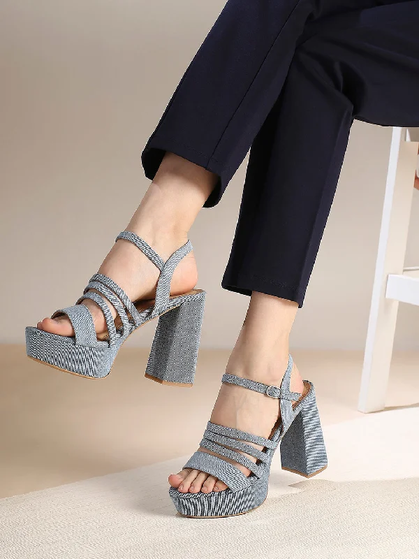 Casual sandals for women with wide straps and flat sole for relaxed fit-Women Blue Denim Strappy Platform Heels With Buckles