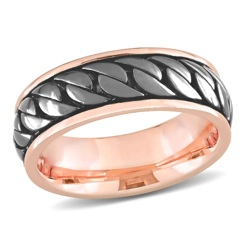 Rings with etched floral bands for detail -Mimi & Max Ribbed Design Men's Ring in Rose Plated Sterling Silver with Black Rhodium Plating