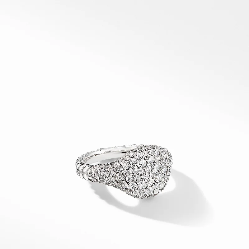 Rings with pave-set gemstones for brilliance -Mini Chevron Pinky Ring in 18K White Gold with Pavé Diamonds, Size 4