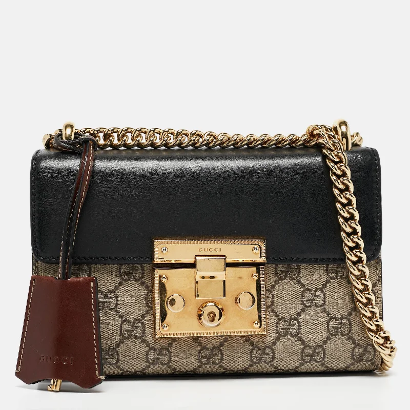 Handle bags with modern cutouts for style -Gucci Beige/black Gg Supreme Canvas And Leather Padlock Small Shoulder Bag