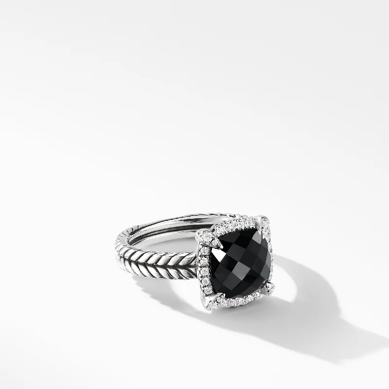 Rings with raw garnet stones for texture -Châtelaine® Pavé Bezel Ring with Black Onyx and Diamonds, 9mm, Size 6