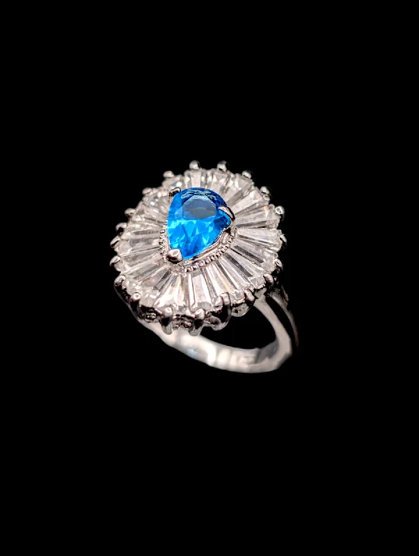 Rings with peacock ore for iridescent glow -Vintage Simulated Swiss Blue Topaz and Diamond Silver Costume Ring