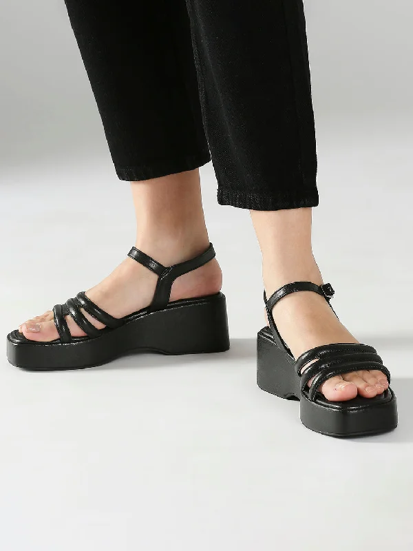 Trendy sandals for men with fabric straps and casual design for laid-back style-Women Black Striped Open Toe Platform Heels With Buckles Detail